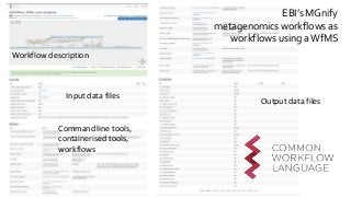 EBI’s MGnify
metagenomics workflows as
workflows using aWfMS
Workflow description
Input data files
Command line tools,
con...