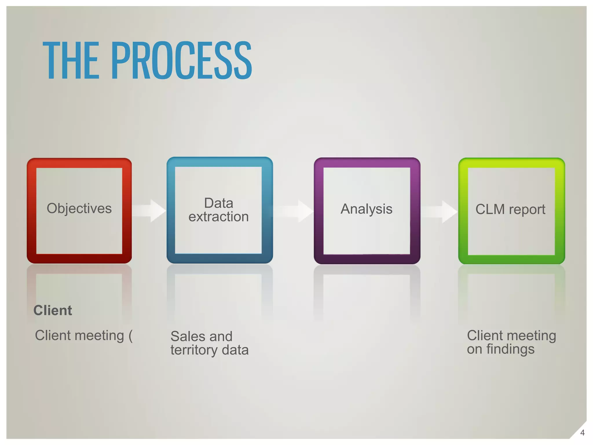 4
THE PROCESS
Objectives Analysis CLM reportData
extraction
Client
Client meeting Sales and
territory data
Client meeting
on findings