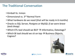 @joe_Caserta
The Traditional Conversation
• Kimball Vs. Inmon
• Dimensional vs. 3rd Normal Form
• What hardware do we need...