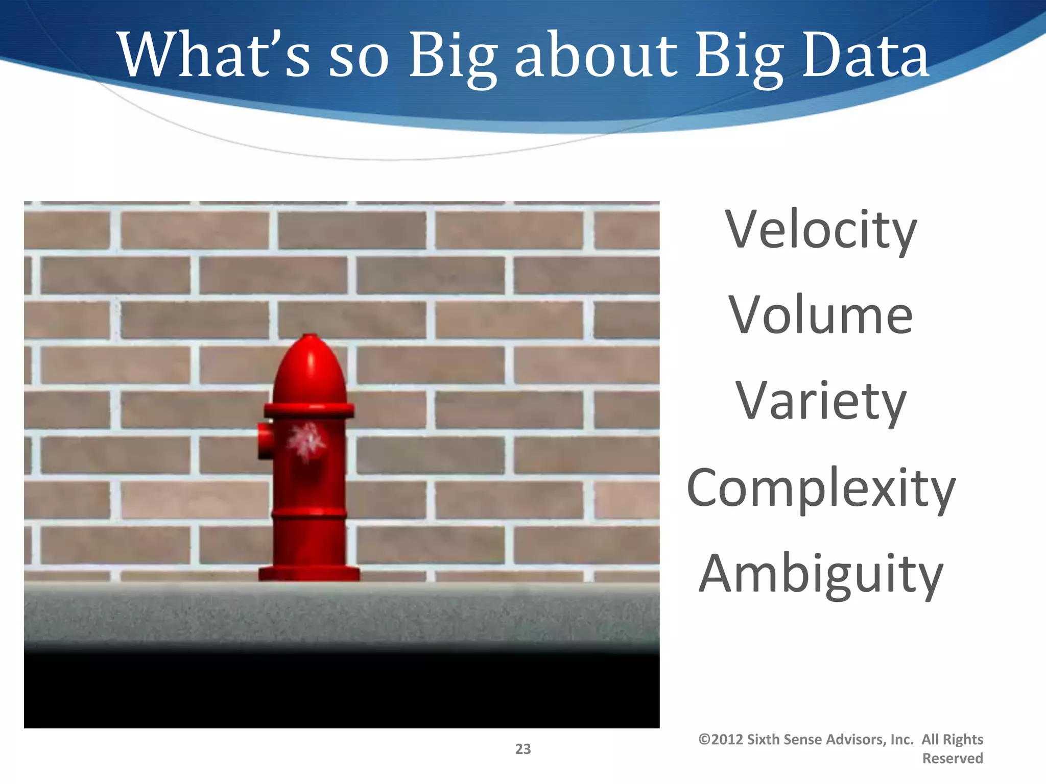 What’s	
  so	
  Big	
  about	
  Big	
  Data	
  

                                 Velocity	
  
                                 Volume	
  
                                  Variety	
  
                                Complexity	
  
                                Ambiguity	
  
                                     	
  
                                ©2012	
  Sixth	
  Sense	
  Advisors,	
  Inc.	
  	
  All	
  Rights	
  
                      23	
  
                                                                                    Reserved	
  
 