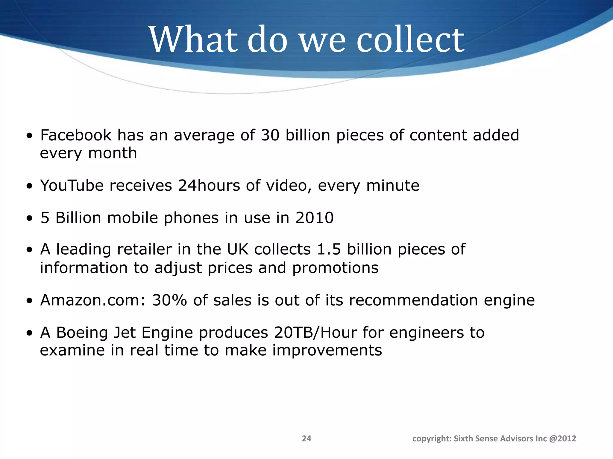 What	
  do	
  we	
  collect	
  

•  Facebook has an average of 30 billion pieces of content added
   every month

•  YouTube receives 24hours of video, every minute

•  5 Billion mobile phones in use in 2010

•  A leading retailer in the UK collects 1.5 billion pieces of
   information to adjust prices and promotions

•  Amazon.com: 30% of sales is out of its recommendation engine

•  A Boeing Jet Engine produces 20TB/Hour for engineers to
   examine in real time to make improvements




                                      24	
            copyright:	
  Sixth	
  Sense	
  Advisors	
  Inc	
  @2012	
  
 