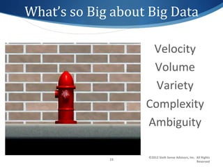 What’s	
  so	
  Big	
  about	
  Big	
  Data	
  

                                 Velocity	
  
                                 Volume	
  
                                  Variety	
  
                                Complexity	
  
                                Ambiguity	
  
                                     	
  
                                ©2012	
  Sixth	
  Sense	
  Advisors,	
  Inc.	
  	
  All	
  Rights	
  
                      23	
  
                                                                                    Reserved	
  
 