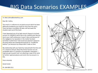 BIG	
  Data	
  Scenarios	
  EXAMPLES	
  
To:	
  Bob.Collins@bankwithus.com	
  
	
  
Dear	
  Mr.	
  Collins,	
  
	
  
This	
  email	
  is	
  in	
  reference	
  to	
  my	
  bank	
  account	
  which	
  has	
  been	
  
eﬃciently	
  handled	
  by	
  your	
  bank	
  for	
  more	
  than	
  ﬁve	
  years.	
  
There	
  has	
  been	
  no	
  problem	
  1ll	
  date	
  un1l	
  last	
  week	
  the	
  
situa1on	
  went	
  out	
  of	
  the	
  hand.	
  
	
  
I	
  have	
  deposited	
  one	
  of	
  my	
  high	
  amount	
  cheque	
  to	
  my	
  bank	
  
account	
  no:	
  65656512	
  which	
  was	
  to	
  be	
  credited	
  same	
  day	
  but	
  
due	
  to	
  your	
  staﬀ	
  carelessness	
  it	
  wasn’t	
  done	
  and	
  because	
  of	
  
this	
  negligence	
  my	
  reputa1on	
  in	
  the	
  market	
  has	
  been	
  
tarnished.	
  Furthermore	
  I	
  had	
  issued	
  one	
  payment	
  cheque	
  to	
  
the	
  party	
  which	
  was	
  showing	
  bounced	
  due	
  to	
  “Insuﬃcient	
  
balance”	
  just	
  because	
  my	
  cheque	
  didn’t	
  make	
  on	
  1me.	
  
	
  
My	
  rela1onship	
  with	
  your	
  bank	
  has	
  matured	
  with	
  the	
  1me	
  and	
  
it’s	
  a	
  shame	
  to	
  tell	
  you	
  about	
  this	
  kind	
  of	
  services	
  are	
  not	
  
acceptable	
  when	
  it	
  is	
  ques1on	
  of	
  somebody’s	
  reputa1on.	
  I	
  
hope	
  you	
  got	
  my	
  point	
  and	
  I	
  am	
  agaching	
  a	
  copy	
  of	
  the	
  same	
  
for	
  further	
  rapid	
  procedures	
  and	
  remit	
  into	
  my	
  account	
  in	
  a	
  
day.	
  
	
  
Yours	
  sincerely	
  
	
  
Daniel	
  Carter	
  
	
  
Ph:	
  564-­‐009-­‐2311	
  
                                                                                                        29	
     copyright:	
  Sixth	
  Sense	
  Advisors	
  Inc	
  @2012	
  
 