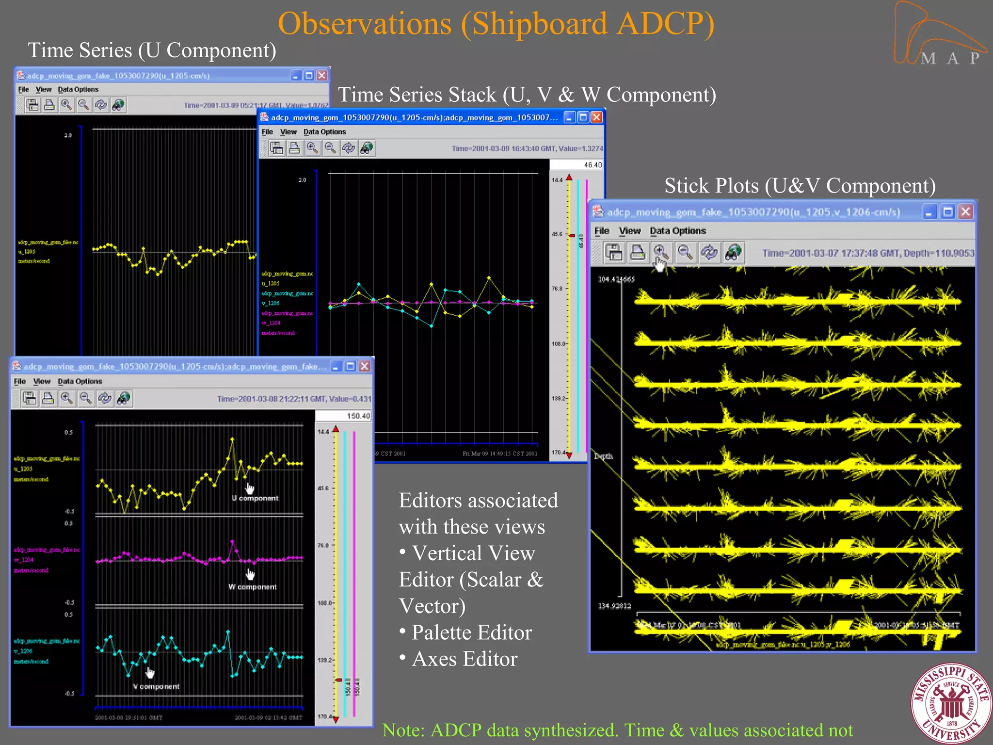 Observations (Shipboard ADCP)
Time Series (U Component)

                               Time Series Stack (U, V & W Component)



                                                                     Stick Plots (U&V Component)




                                     Editors associated
                                     with these views
                                     • Vertical View
                                     Editor (Scalar &
                                     Vector)
                                     • Palette Editor
                                     • Axes Editor


                                   Note: ADCP data synthesized. Time & values associated not
 