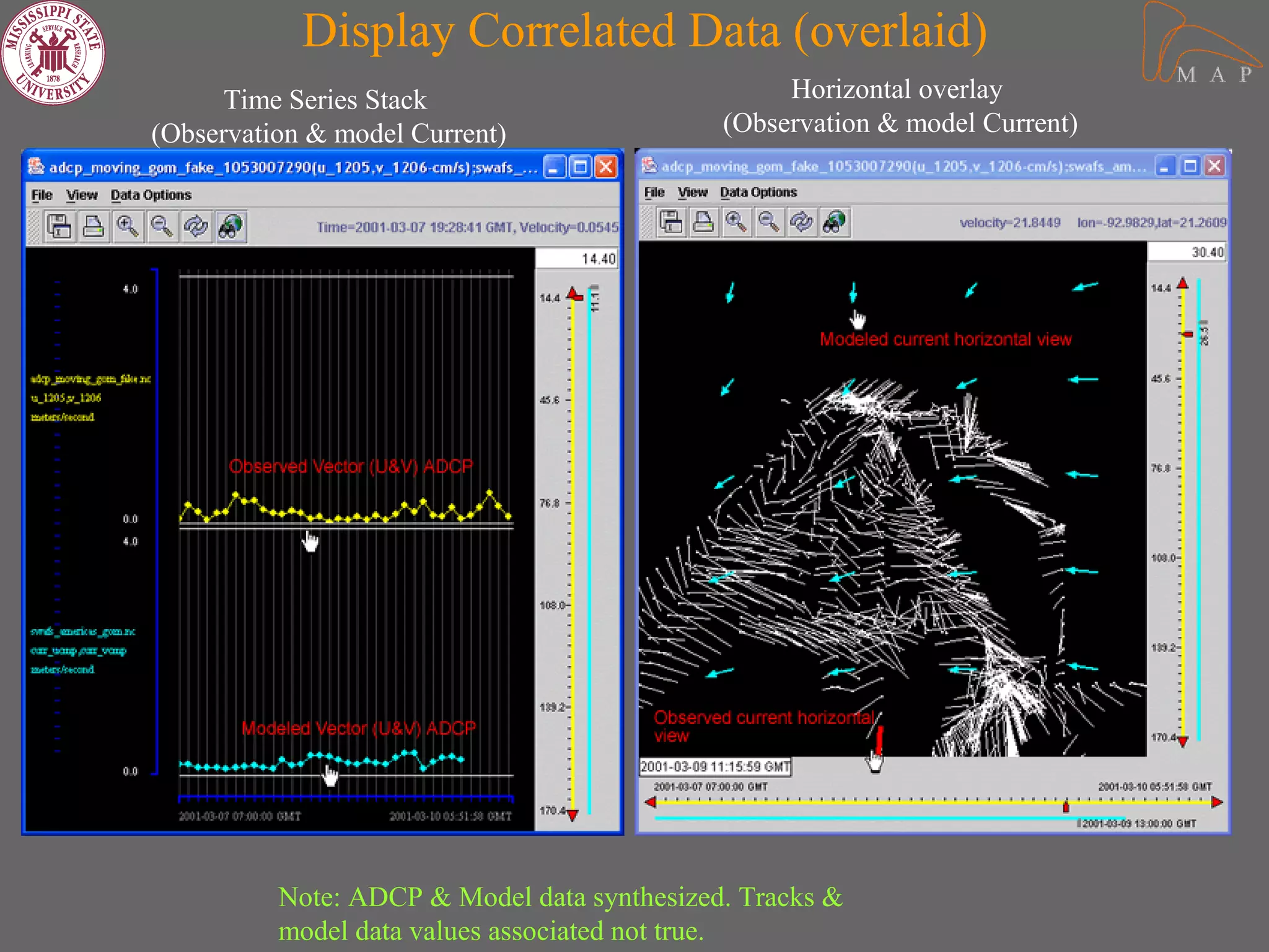 Display Correlated Data (overlaid)
      Time Series Stack                           Horizontal overlay
(Observation & model Current)                (Observation & model Current)




          Note: ADCP & Model data synthesized. Tracks &
          model data values associated not true.
 
