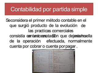 Contabilidad por partidasimple
Seconsidera el primer método contable en el
que surgió producto de la evolución de
las practicas comerciales
anteriores. El mismoconsistía en una anotación que dejara huella
de la operación efectuada, normalmente
cuenta por cobrar o cuenta porpagar .
 