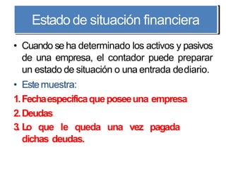 • Cuando se ha determinado los activos y pasivos
de una empresa, el contador puede preparar
un estado de situación o una entrada dediario.
• Estemuestra:
1.Fechaespecificaqueposeeuna empresa
2.Deudas
3. Lo que le queda una vez pagada
dichas deudas.
Estado de situación financieraEstado de situación financiera
 