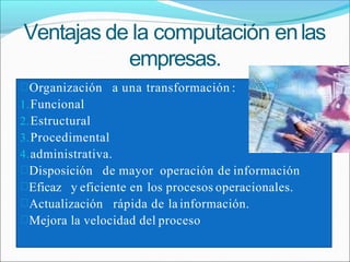 Ventajas de la computación enlas
empresas.
Organización a una transformación :
1.Funcional
2.Estructural
3.Procedimental
4.administrativa.
Disposición de mayor operación de información
Eficaz y eficiente en los procesos operacionales.
Actualización rápida de la información.
Mejora la velocidad del proceso
 