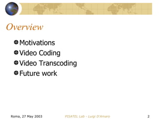 Overview Motivations Video Coding Video Transcoding Future work 