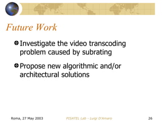 Future Work Investigate the video transcoding problem caused by subrating Propose new algorithmic and/or architectural solutions 