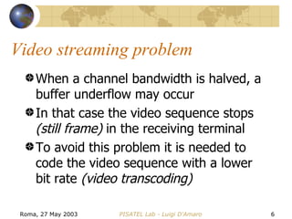 Video streaming problem When a channel bandwidth is halved, a buffer underflow may occur In that case the video sequence stops  (still frame)  in the receiving terminal To avoid this problem it is needed to code the video sequence with a lower bit rate  (video transcoding) 