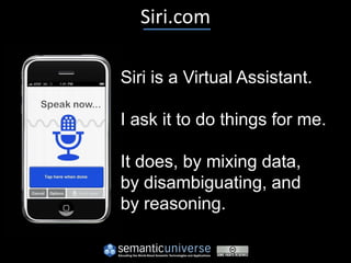 Siri.com

Siri is a Virtual Assistant.

I ask it to do things for me.

It does, by mixing data,
by disambiguating, and
by reasoning.
 