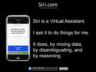 Siri.com

Siri is a Virtual Assistant.

I ask it to do things for me.

It does, by mixing data,
by disambiguating, and
by reasoning.
 