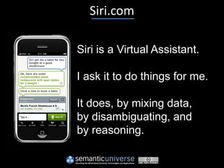 Siri.com

Siri is a Virtual Assistant.

I ask it to do things for me.

It does, by mixing data,
by disambiguating, and
by reasoning.
 