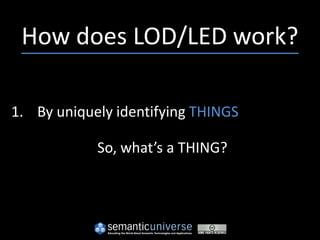 How does LOD/LED work?

1. By uniquely identifying THINGS

            So, what’s a THING?
 