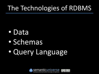The Technologies of RDBMS


• Data
• Schemas
• Query Language
 