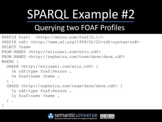 SPARQL Example #2
             Querying two FOAF Profiles
PREFIX foaf: <http://xmlns.com/foaf/0.1/>
PREFIX rdf: <http://www.w3.org/1999/02/22-rdf-syntax-ns#>
SELECT ?name
FROM NAMED <http://ericaxel.com/eric.rdf>
FROM NAMED <http://zepheira.com/team/dave/dave.rdf>
WHERE {
  GRAPH <http://ericaxel.com/eric.rdf> {
    ?x rdf:type foaf:Person .
    ?x foaf:name ?name .
  } .
  GRAPH <http://zepheira.com/team/dave/dave.rdf> {
    ?y rdf:type foaf:Person .
    ?y foaf:name ?name .
  } .
}
 