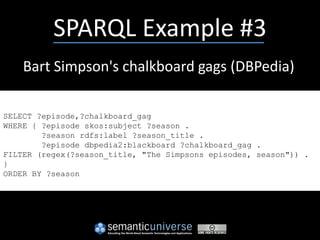 SPARQL Example #3
    Bart Simpson's chalkboard gags (DBPedia)

SELECT ?episode,?chalkboard_gag
WHERE { ?episode skos:subject ?season .
        ?season rdfs:label ?season_title .
        ?episode dbpedia2:blackboard ?chalkboard_gag .
FILTER (regex(?season_title, "The Simpsons episodes, season")) .
}
ORDER BY ?season
 
