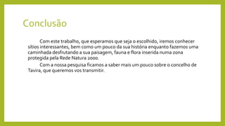 Conclusão
Com este trabalho, que esperamos que seja o escolhido, iremos conhecer
sítios interessantes, bem como um pouco da sua história enquanto fazemos uma
caminhada desfrutando a sua paisagem, fauna e flora inserida numa zona
protegida pela Rede Natura 2000.
Com a nossa pesquisa ficamos a saber mais um pouco sobre o concelho de
Tavira, que queremos vos transmitir.
 