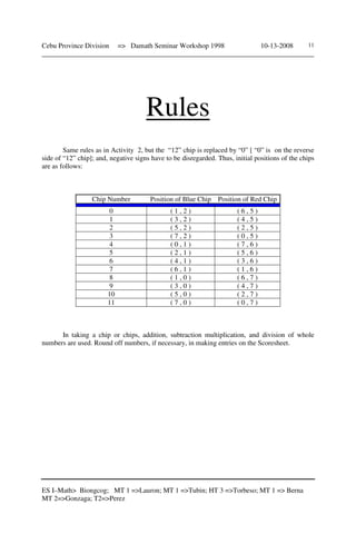 Cebu Province Division => Damath Seminar Workshop 1998 10-13-2008
______________________________________________________________________________
ES I–Math> Biongcog; MT 1 =>Lauron; MT 1 =>Tubin; HT 3 =>Torbeso; MT 1 => Berna
MT 2=>Gonzaga; T2=>Perez
11
Rules
Same rules as in Activity 2, but the “12” chip is replaced by “0” [ “0” is on the reverse
side of “12” chip]; and, negative signs have to be disregarded. Thus, initial positions of the chips
are as follows:
Chip Number Position of Blue Chip Position of Red Chip
0 ( 1 , 2 ) ( 6 , 5 )
1 ( 3 , 2 ) ( 4 , 5 )
2 ( 5 , 2 ) ( 2 , 5 )
3 ( 7 , 2 ) ( 0 , 5 )
4 ( 0 , 1 ) ( 7 , 6 )
5 ( 2 , 1 ) ( 5 , 6 )
6 ( 4 , 1 ) ( 3 , 6 )
7 ( 6 , 1 ) ( 1 , 6 )
8 ( 1 , 0 ) ( 6 , 7 )
9 ( 3 , 0 ) ( 4 , 7 )
10 ( 5 , 0 ) ( 2 , 7 )
11 ( 7 , 0 ) ( 0 , 7 )
In taking a chip or chips, addition, subtraction multiplication, and division of whole
numbers are used. Round off numbers, if necessary, in making entries on the Scoresheet.
 
