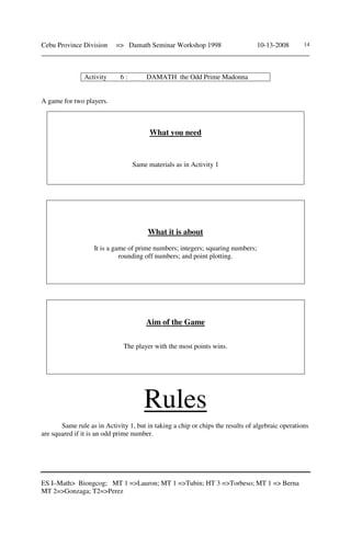 Cebu Province Division => Damath Seminar Workshop 1998 10-13-2008
______________________________________________________________________________
ES I–Math> Biongcog; MT 1 =>Lauron; MT 1 =>Tubin; HT 3 =>Torbeso; MT 1 => Berna
MT 2=>Gonzaga; T2=>Perez
14
Activity 6 : DAMATH the Odd Prime Madonna
A game for two players.
What you need
Same materials as in Activity 1
What it is about
It is a game of prime numbers; integers; squaring numbers;
rounding off numbers; and point plotting.
Aim of the Game
The player with the most points wins.
Rules
Same rule as in Activity 1, but in taking a chip or chips the results of algebraic operations
are squared if it is an odd prime number.
 