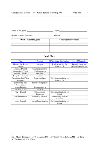 Cebu Province Division => Damath Seminar Workshop 1998 10-13-2008
______________________________________________________________________________
ES I–Math> Biongcog; MT 1 =>Lauron; MT 1 =>Tubin; HT 3 =>Torbeso; MT 1 => Berna
MT 2=>Gonzaga; T2=>Perez
3
Name of the game: ___________________________ School:____________________________
Sender’s Name (Optional):_____________________ Address:___________________________
What I like in the game Areas for improvement
Guide Sheet
Title Concept Place in the Curriculum List of Materials
Damath the Teeny
Integer
Integers Review activity for
Units 3 – 8
Damath board set
(See attachment A)
Countess Damath Counting numbers
Damath-in-a-Whole Whole numbers
Damath Over U Fractions
Busy Deci Damath decimals
Damath the Old Prime
Madonna
Prime numbers Enrichment activity for
Units 3 – 8
Damath the Fibo
Nutty Lady
Fibonacci sequence
Byte-a-Damath Binary numbers
Damath a la Mod Modulo 12
Trig-a-Damath Trigonometric
Functions
Enrichment activity for
Unit 2
Sci-No-Damath Scientific Notation Introductory activity
for Unit 5
Log-a-Damath Logarithmic function Enrichment activity for
Unit 6
 