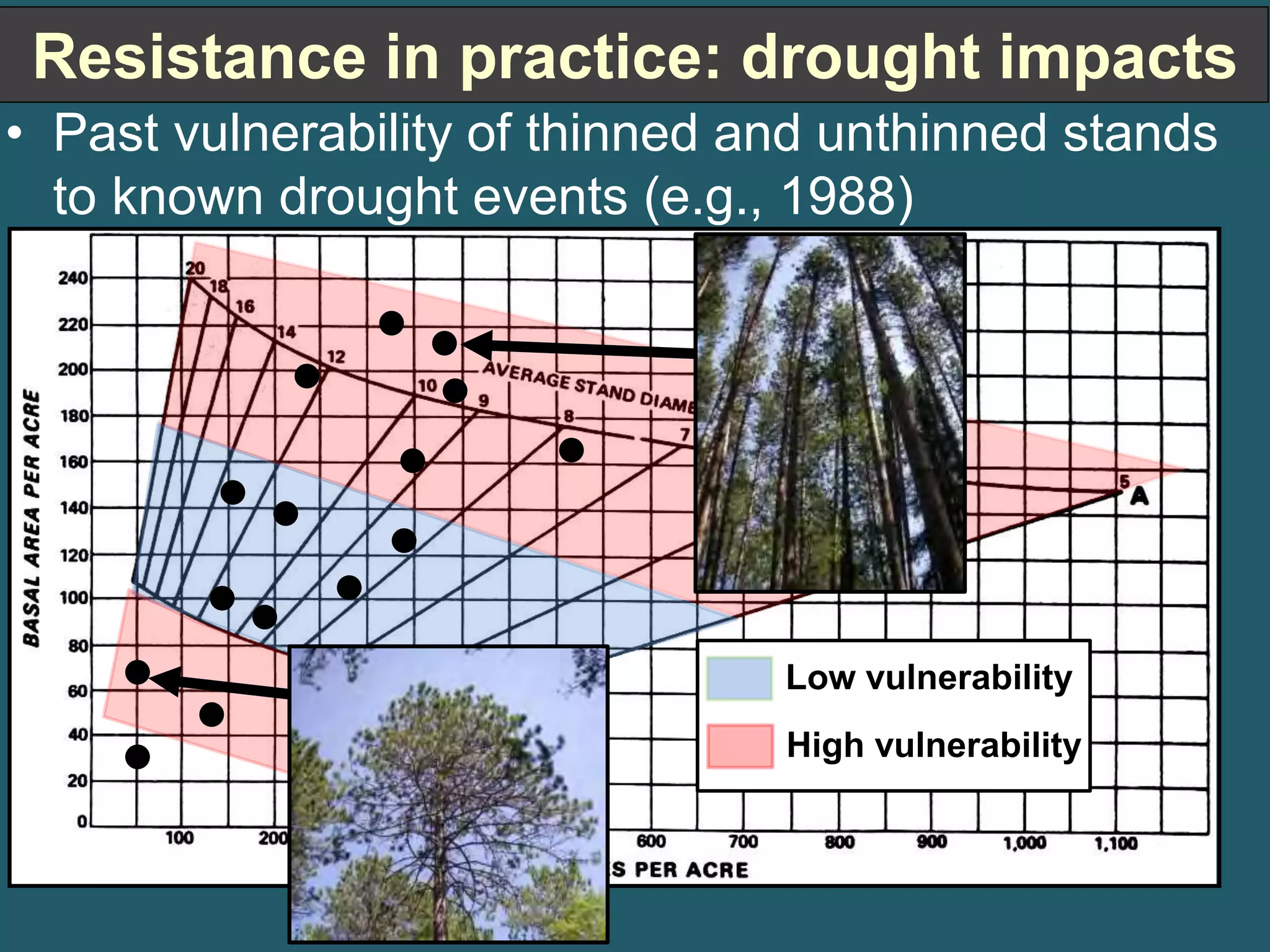 Resistance in practice: drought impacts 
• Past vulnerability of thinned and unthinned stands 
to known drought events (e.g., 1988) 
Low vulnerability 
High vulnerability 
 