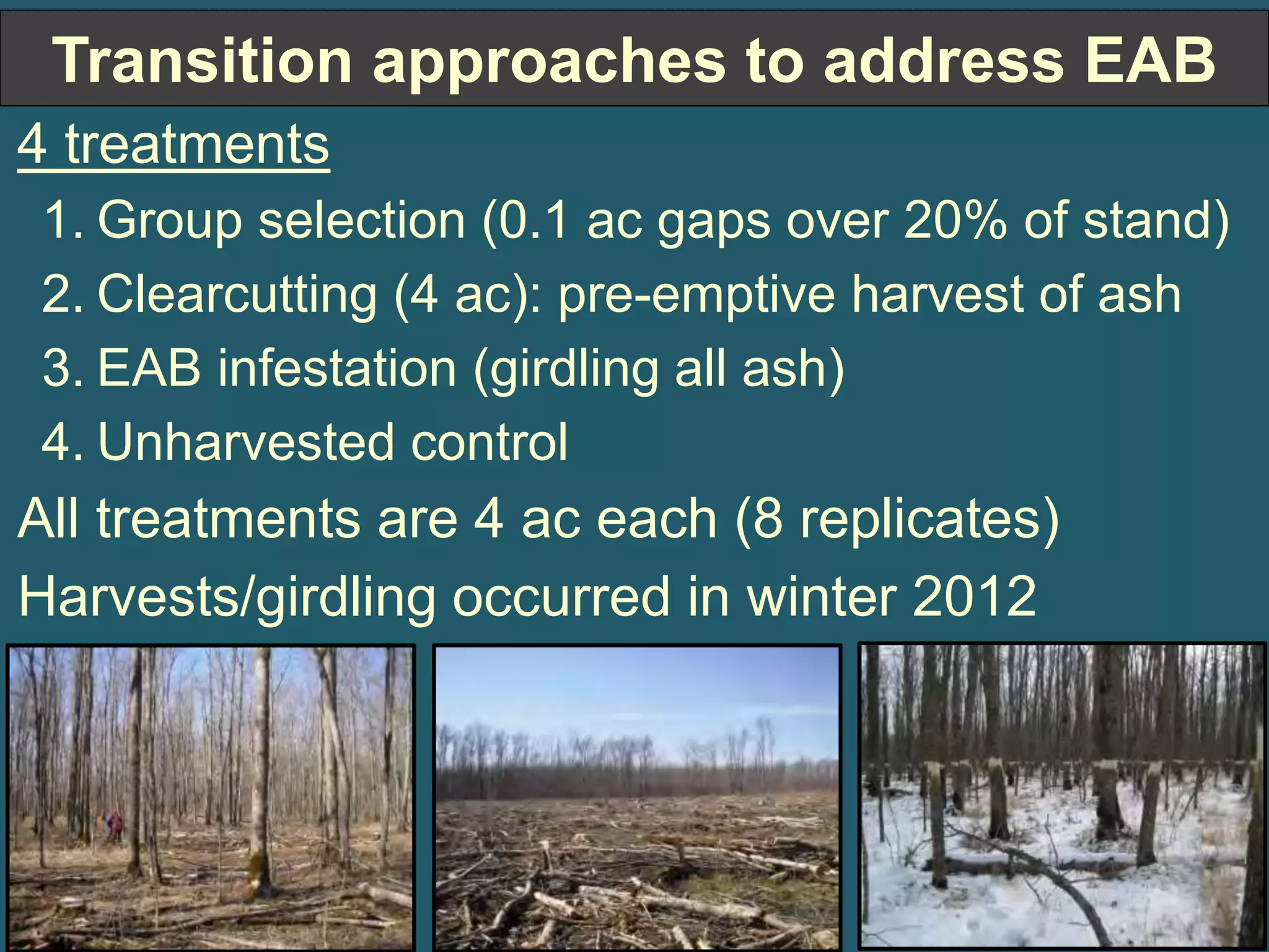 Transition approaches to address EAB 
4 treatments 
1. Group selection (0.1 ac gaps over 20% of stand) 
2. Clearcutting (4 ac): pre-emptive harvest of ash 
3. EAB infestation (girdling all ash) 
4. Unharvested control 
All treatments are 4 ac each (8 replicates) 
Harvests/girdling occurred in winter 2012 
 