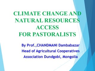 By Prof.,CHANDMANI Dambabazar
Head of Agricultural Cooperatives
Association Dundgobi, Mongolia
CLIMATE CHANGE AND
NATURAL RESOURCES
ACCESS
FOR PASTORALISTS
 