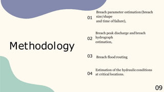 Methodology
Breach parameter estimation (breach
size/shape
and time of failure),
01
Breach peak discharge andbreach
hydrograph
estimation,
02
Breach flood routing
03
Estimation of the hydraulicconditions
at critical locations.
04
09
 