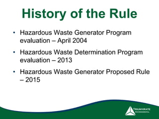 History of the Rule
• Hazardous Waste Generator Program
evaluation – April 2004
• Hazardous Waste Determination Program
evaluation – 2013
• Hazardous Waste Generator Proposed Rule
– 2015
 