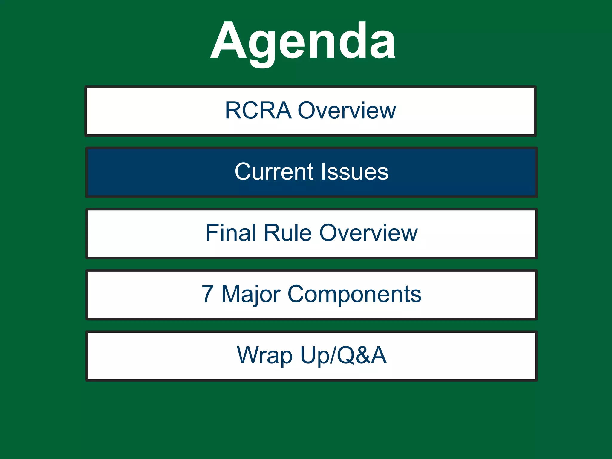 RCRA Overview
Current Issues
Final Rule Overview
7 Major Components
Wrap Up/Q&A
Agenda
 