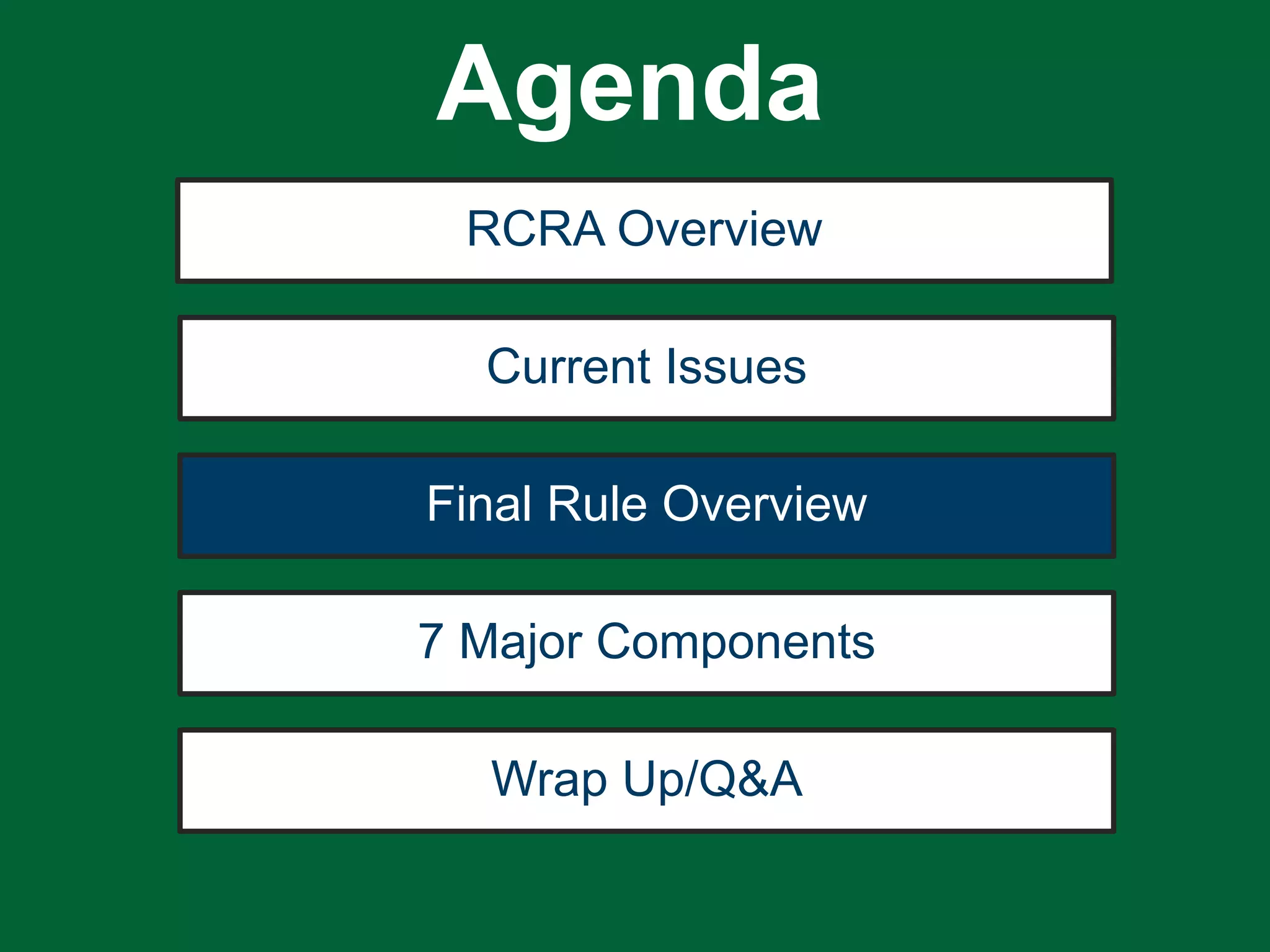 RCRA Overview
Current Issues
Final Rule Overview
7 Major Components
Wrap Up/Q&A
Agenda
 