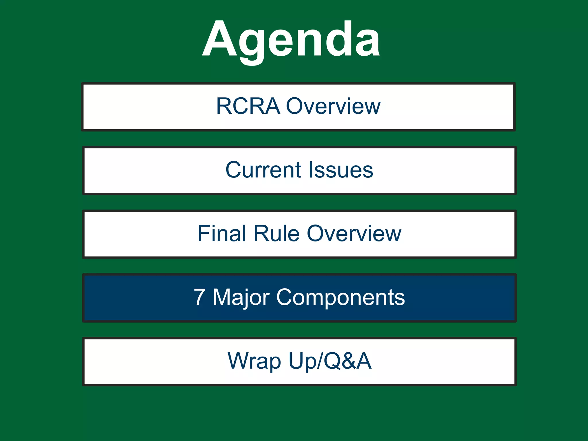 RCRA Overview
Current Issues
Final Rule Overview
7 Major Components
Wrap Up/Q&A
Agenda
 