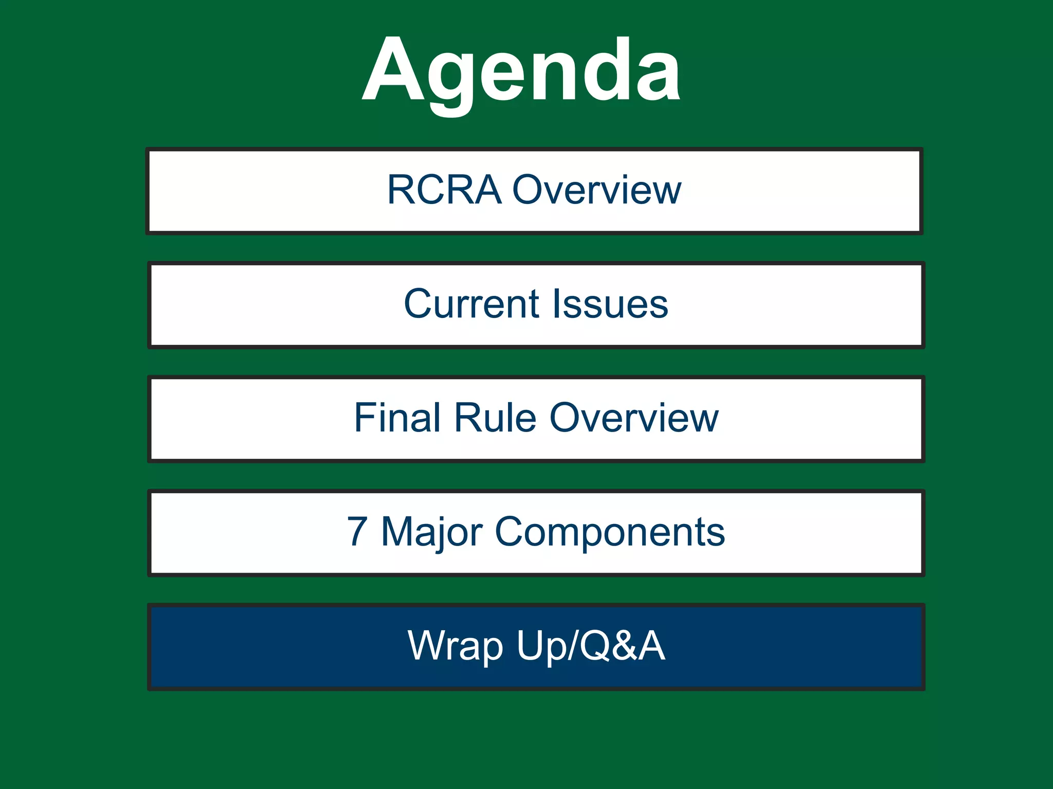 RCRA Overview
Current Issues
Final Rule Overview
7 Major Components
Wrap Up/Q&A
Agenda
 