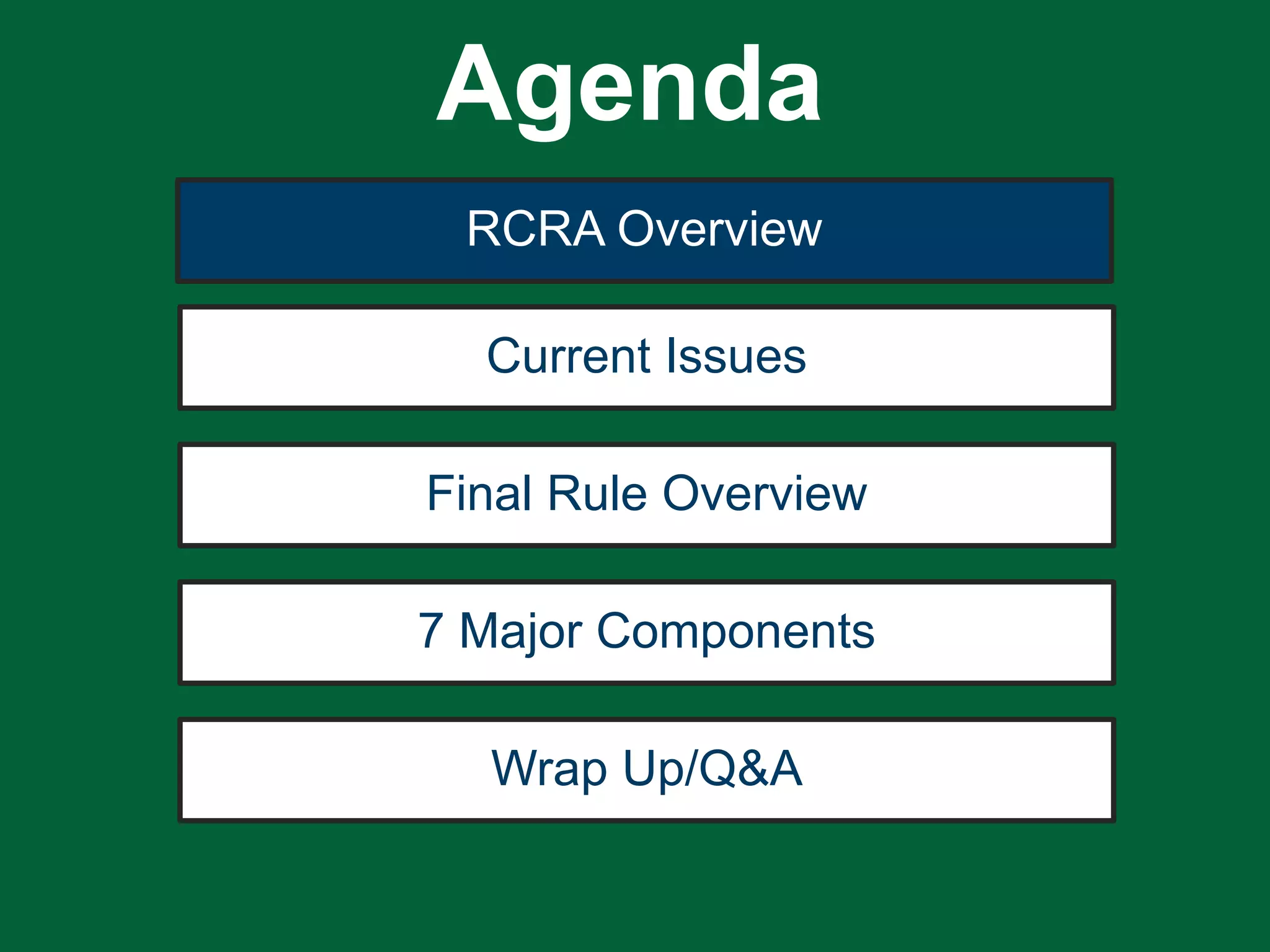 RCRA Overview
Current Issues
Final Rule Overview
7 Major Components
Wrap Up/Q&A
Agenda
 