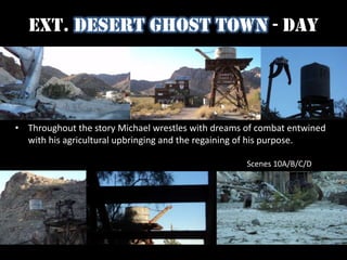 Synopsis 	Michael Rodriguez comes home from two tours of combat duty to find his hometown on the brink of self-destruction. A corrupt politician has sold out his small farming town to an evil corporation (Poseidon) monopolizing most of the county, and the state’s water. The starving community is collapsing, while the corporation buys up the land of the failing farmers with plans to dam up the valley the town rests in. 	The political shield and battering ram behind Poseidon’s death grip on water is a small, endangered fish. Poseidon uses the fish to leverage the congressional consent to construct 3 brand new dams. This only motivates a biologist by the name of Meghan Connors to find a way to save the fish and transplant them, removing them from the endangered species list and taking away Poseidon’s power. 	When Michael is pushed to his breaking point, he decides to take matters into his own hands. The missions of both Michael and Meghan are realized, separately, at the same time, on the same night and their actions combined shatter Poseidon’s control of California’s water into pieces. 