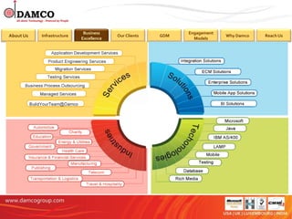 Business Excellence
                             Business                        Engagement
About Us   Infrastructure                Our Clients   GDM                Why Damco   Reach Us
                            Excellence                         Models
 
