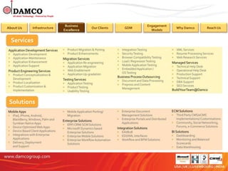 Business                        Engagement
About Us   Infrastructure                Our Clients   GDM                Why Damco   Reach Us
                            Excellence                         Models


  Services




 Solutions
 