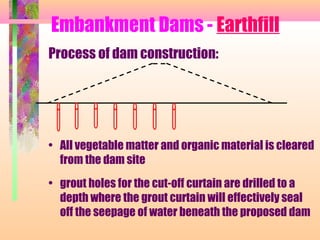 Embankment Dams - Earthfill
Process of dam construction:




• All vegetable matter and organic material is cleared
  from the dam site
• grout holes for the cut-off curtain are drilled to a
  depth where the grout curtain will effectively seal
  off the seepage of water beneath the proposed dam
 
