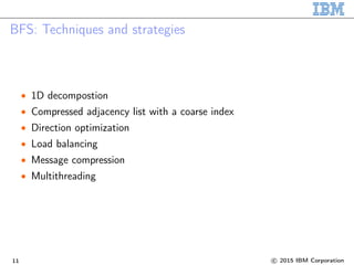 BFS: Techniques and strategies
• 1D decompostion
• Compressed adjacency list with a coarse index
• Direction optimization
• Load balancing
• Message compression
• Multithreading
11 c 2015 IBM Corporation
 