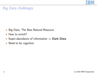 Big Data challenges
• Big Data, The New Natural Resource
• How to enrich?
• Super-abundance of information ⇒ Dark Data
• Need to be cognitive
2 c 2015 IBM Corporation
 