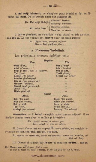 118

        6. Mal multi (pItisieur,$) ne s'emploie qu'au plurie1 et fait au ft3
  minin mal multe: On le traduit aussi par beaueoup de.
                                                      Flusieurs hommes.
                        Ex. Mal =To hiirbar.
                                                      Beaueou, d'hommes.
                                                      Hay/ears femmes.
                             Ma) multo fame.
                                                 1 b'eaucoup are femmeo.
           Catf-va (quelques) no s'emploie qtfau pluriel et fait au férni-
  nin cate-va. Le cas oblique est calor-va pour les deux genres.
                             Ex    041-va oopil, quelques enfants.
                                   Ofito-va floe, quelques fieurs.

                                 2. Pronoms*Indéfinis.
            Les prineipaux p-onoms indefinis sont :
                                            Singulier
                             Masc.                -

          Unuf (l'un).                                   -   Una (l'une).
           Altui (ratan).                                    Alta (ratttre).
           Unul §i Out (l'un et l'autre).                    Una li alta.
           Tot               .                               Testa (toute).
           Acelasi (le mime).                                /men! (la mime).
           Ori-cine (quieonque).
           Cine-va (on, quelqu'un).
           Fie-care (chador).
           Niment (nut, personne).
           etaare (tel).
           Altuia (autrut).
                                            Pluriel.
                     Masc.
          Unit (les uns).                               Uncle (les unes).
          Altil (les antre,$)..                         Allele (les wares).
          Unit si altil.                                Linde §i altele.
          Toll (Imes).                                  Toate (toutes).
          Acetaff (les mimes).                          Acelea§T (les mimes).        .




          Observations. -- I. Acela0 s'emploie aussi comme adjectif. II se
           commo acela avec lo suffix° pl invariable.
                          Ex. Ace4 oamonT,. le mbnes tens.
                              SuLt aceiatfl, ce sent les mi*anes.

          II. ()nand l'autre eSt en oppositin avec eelui-ei, on ernp1oie' en
;rouinain cel-ralt, ceal'alt4, cei-l'aill, cele-ralle.
          Ex. Celui-ei ost travai Hear, Padre est paresaeux. Acesta este muncher, eel-
                                                                         raft este   lene,r.

                 Chaeun sè traduit par lie-bare et aussi par fie-care... cate-un.



                                 www.dacoromanica.ro
     Ohacun pour aol Vie,care penfru sine.
     Se   lour al   dosu6 on franc a *ham; le am ;rat eate-un let" fie-cdre.
 