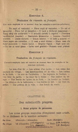 Exereice     6.

                            Traduction :424. rou main en fralKai4,
      (Les. at employe's ici 'se. tiouvept clans les ,exemiiles 'et_exercices précédent4.-

            Un copil al .vecinulul:-- Niece copit al vecineler. -- Un cal -al
      täranulul.         bol al tAranilor. G vac6. a Varancal (paysanne)..-:,
     Nisei? ob.rtl ale scolarului.,--O arreat.&.(ariiik) a regelut .Oazmaoa
     lucratorului (marry)),     Basmalele .ttrancelor. - Lumina (lunkThre)
     scarelul.    Lazne nurorel.       eaoa talulul.    O lad& a soacrel. '7*
    _Nisce capre ale nurorilor.     O casa a unui ele han Niece case ale"
     field taranulul,    Coada.            Grajdul vitelel. Pa§il unul om.
     Un oar at Maul :Oran. Tarba uneT gradinl.Numele Maul 'prieteri.
                                                 Ekerelò6 7.
                                         -

                            Pr.eiduction. 4;lf          frdnpis en rouniain.
            es mots employea datis cc! .e:cercice Se tretwenf dalls les exemples 'et les
                                     'esenices- ci-dessus).

                 Le-bois d'ud                        Les arbres d'unjardin.             Lea noma des
      paynni3 du vi1lage...-7 -..L6a merchandises .de la ville. Les lierbes
      de la Ora,.     Le aiou de l'orpheline. -- La bagUette de l'enfan4
      Une flour du jardin.      Le ireur -de la -dame.    Une anaison du vi).                              ,



      lage.    Una' fenilk de l'arbre da. la fsr6t.    La bouche co 1.'enfant.
      --- La chieyme de la belle-mere. Lea fitolies du ciel.,.Le frere du
      prétre.    Des prkres :de la villa.      Des bieufs du vaisin,..-
                                                                                        ,




                                               -.,CIIAPITRE
                                                                                                   -

                                   De substmtifs propreS.
                          _ ., -
                                                              .




                                     L               pri5pr'es de personnes:


        °        IAes 1.1finis propres 'mast...74141s 6'Otriploient saes artiole,
      Ils se d6-clinent de la 'rnanlre''suivante:
                      ,
                      -




                                             www.dacoromanica.ro
1     ()as   direct       Alexandra (Alexandre).                          Rada    (R6dolpho.
                                                                                        I (de Rodolphe).
    4- Pos   oblique      1111     .1i:texan   dru         le4mdre)*     1 ti   Radii
                                                      t(à, Alexandre).                  (tt, Rodolphe).
                                                                                                       .
 