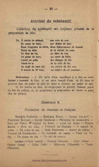 Attribut du substantif.
        Lttribut da, spbstaptif est, toujours prée616 de la
 pr6position de       (-16),

       Ex.      tochle da- ndtbeell,   une robe de sale.
              Un %nann da few,         Une chelse de bois,
              Doug. kilogramo de carne, deux rialogrammes de yi4nde,
              CRIIIS de vitel,                de 14 vitynde d veau.
              Un lana de. vin,                un litre. de, yin:,
               Un palier de beta,             un 'were de bière.
               LantmiLde                      des champs de blé.
               Pana de in,                    de la tone
               Un -noel{ de me Ud;            un enfant de dix ans.
              O marca' de 10 bnnI,-           un timbre de. 10 centimee.

       Olpervationt       Un Yerre d'eau signiliant la fois :un yerie,
 destiné à yontenir de ream et un yerre rernpli (Peda, ott dit dans lo'
:premier eas: un pahur de opa, et., dalla le second: un pahar e,u
       II.    Do me -oh,dira, en emple,yant le génitif, feeiorul papa
(le fils du prare), et, en empioyaht_ la preposition de: feeior de pop4
(fIls de pr.tre)

                                 Exereice S.
                 Traduction d          roumain en .franvai4.

       Stradele ParisuluI.       Basreaoa                       -Din.AreT,
Popparele Buropél,                             Parintele lul Alex. andru.-:
Sora lui Pétru. 411, Cutitni                   Luna lui funie. Piorno
Mariet      Nora Int loan,        Prietenil luI Nieolaie.      O ceasy,A do
°afea.    Un pop A de sat,                             RolurI da al'oine.  Casa E
Vecinul luI Constantin.       Ti!! tranda& de ceark           Visul lui Tu
doy      Un mune de Un. --           sat de mutts.
       Lexi4ue.,:,-Oura (cdurs).    DiinAre, (Danube). --- -roan (Jean), ---
CeneS", (tasse).      Cafea (eafé),       Elisaveta (..glieabeth)."    Tudor
(ThiodOre),



                           www.dacoromanica.ro
                                      COM.-
 