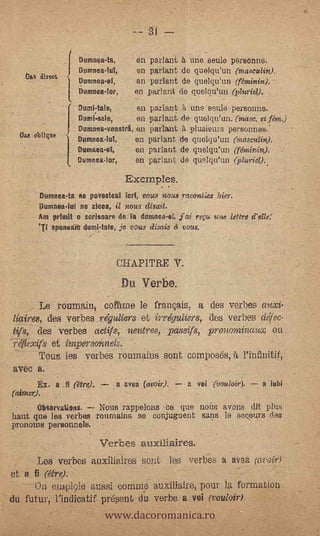 ,




                        Dumni:a4a,           en parlant une seule ptirsonne.
                        numnea.loi,           en parlant de quelqu'un (maseulin).
    .b   Urea   _1its
                        Donmeanel,           en parlant de quelqu'un (féminin).
                        Domnea.for,          en parlant de qu.elou'un (Atria).
                        Nrni-taio,    en parlant A une acule -personne.
                        Ramilsals,    en parlant de quelqu'un. (masc, et fénz.)
                                       -
                        Duronea-voastri, en earlant A plusieuzs personnes:
  Oas oblique
                        Doinnea-lol,  en parlant d quelqn'un (maseulin).
                .1. riumuea-el,              en parlant de quelqu'un (féminin).
                        Ovmeea-lor,          en parlant de qfielqu'un (plurie?)..

                                           Exem pies .
         Domnea-ta /to povetdeal ieT, vous nous racontiez hier.
         Puronea.-loi no zicea ii nous diszeit.
         Am primit o salaam do. ia donmea-el,        rep, une lettre
         "fi sponeakr duird-talo, je vous disais vous. -



                                      CHAPITRE V.
                                           Du Verbe.
   .     Le roumain, cogi.me le frangaia, a des verbes
&tires, des verbes nrégullers et in.. égtiliers, des verbes di/ec-
tils.,   des verbes actifs, neatre8, passifs, pronominaux ou.
refiexifs et imper3oitnek.
         Tens ¡es verbes reumains swat composes,                          l'infinitif,
aVee a,
         Ex a fi Otre):               a avei (doir), -a vol      (vouloir).
('aiiner). .                   .              .




         CLASevationi.             NOUR rappelons ce que nano axons dit prize
hant que les cubes rournains se sonjuguent sans le ser,onrs .des
.pronon38 personnele.

                                   Verbes
       Les verbes auxiliaires sent les verbes a avea (avoir)
et a fi (étre).
      On empl9ie auSsi comma auxiliaire,-pourl formation

                       www.dacoromanica.ro
du futur, l'indicatif présent du Verbe a vol (vall/oir)
                                                                               a
 