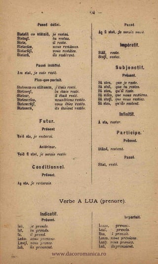 ,Passti                                                 Passé

                                                              fi &tat, je sgruis elré.
    SWUM ou itAtaié, je restai.
    Steteit,         tu restas,
    Stete,   -       il resta.
    Retail;                    -   nous restettnes.                        lopératif.
    SteteritT,                     vous restates.         SW, reste.
    Steteri,                       ils reskrent.          Statl, restez.
                    Passé indéfini.
                                                                     Subic) tic ti f.
    Am stat,      je suis resté.
                                                                           Nisent.
                   Plus-que-pariait.
                                                          Sit des, que je reste.
    Stetesernou stétasem, j'étais resté.                  Sit stai, que tu realm
                         tu dais resté.                   Sl etea, qu'il reste.
    -Steteaé,il
    StetesiT,
    .Stetesetiut,
                             &kit resté.
                         nousétions restis.
                                                          Sé, etén, que nous restions.
                                                          Si Stall; que vous restiez.
    SteteseriV,                     vous diez restés.     St stea, qu'ils rested.
    gtetesera,                      its étaient restés.
                                                                          Infiniti?.
                      Futur.                                eta, rester.
                        Préseitt
                                                                      P a r ti cip e.
           eta, je resterai.
                                                                            Présent.
                      Antérieur.
                                                          Mad, restitnt.
    Ir.ei6 fi   stet, je semi.? rester
                                                                             Passé.
                                                          Stitt, reste.
                 C on diti.onn el.
                        Présent.

-   A§ do, je resterais.



                                       Verbe A LUA (prencire).

                       Indicatif.
                                                                             Imparted.
                        Présent,
    65,         je prends.                                i.urì.     prencti-          -
    leT,        tu prends.                                Lust,      prefects.
    la,         il prefect.                               tuft,    i prenait.
    ¡,am, nous prenons.                                   Lama, nous prenious.


                                   www.dacoromanica.ro
    LnaT, vous plynez.                                    Luati. voiss preniez.
    LA, its prennent.                                     Lati,  itsprenaient,
 