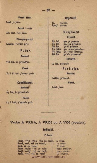 Pasté MM.                                        iMpéittff.
Lual, je pris.                              la,    prends.
                                            Laity, prene,.7.
           Paisé ',IOW,
Am   lost, yid prig.                                       Subjonctif.
                                                               Présent. -
          Plus-que-parfait.
                                            Si 'fait       que je prenne.
Lamm, Await; prim.                          Si Id,         que tu prennes.
                                            Si Tea,         qu'il prenne.
                                            81 luitm,que nous prenions.
                 Futur.                     SI Matt, que vous prenitz.
                                            Si tea,  qu'ils prennent.
                 Présent.
                                                               Infinitif.
Volé Ina, je prendrai.
                                            A ina, prendre.
                  Passé.                                  Participe.
V01 fi !oat,   j'aurai pris.                                   Présent.

                                            Wand, prenant.

          Conditionnel.                                         Passé.

                 Préseiit                   Luat, pris.

At las, je prendrais.

                  Passé.

A1 fi !eat, Yaurnis .pris.




     Verbe A VREA, A VROI ou A VOI (vouIoir
                                   lndicatif.
                                     Présent.

           Vreari, vreit, vroiti, ¡Ail ou voese, je veux.
           -Vred, vreY, vel ou voesel,             cu veux.
           Vrea, va nu ¡mace,                     -il veld.


                            www.dacoromanica.ro
           Vrem, vroim, TOM ou voim,              nous voulons.
           Vrey, vroy, veg ou volY,               vous voulez.
           Vreau, vroi, 'of nu ' vow,             ! t7s vtlulent.
 