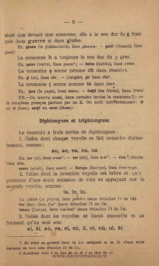 9---
alusi que devant une consonne, elle a le son dur du g franz
gals clans guerre et dans globe.
          Ex. glum! (la plaisanterie), lisez gioiona;              genii (chasse), lisez
gonit'.         -                I

          La consonne h a toujours le son dur du z grec.
          Ex. pahar (verre), lisez pasar'; -         haine   (habits), lisez xaVné.
          La tconsonne § sonne conune ch                     dans charnbre.
          Ex.       l (st), lisez chi;     (rangée), gir lisez chi?.
          La consonne t sonne ammo ts dans tsar.
          Ex. tara (le pays), lisez tsara;               fratil (les frères), lisez fratsi
          NROn trouve aussi, dans eertains textes la consonne J; on
la remplace presque Partout par un Z.- On ecrit indifféremment:                         qi
où zi (jour), vertjl ou verzi (choux).

                          Diphtongues et triphtongues.
          Le roumain a trois sortes de diphtongues :
            Cellos dont chaque voyelle se fait entenare distinc-
ternent, comme :
                                     au, ae, ea, eu, oa.
      Ex. aur (or), lisez a-aur';             aer (air), lisez a-ér'';     stea   (UGH()
lisez
  ,   sure (sole), lisez soiré;                 Europa (Europe), lisez
        Celles clod. la première voyelle est brève et q u'o
prononce d'u.ne seule émission de voix en appuyant sur la
seconde voyelie, °mime :
                             -
                                         la, fe, Ju,
                                                  I.u.
           Ex.-pIatra (la pierre), lisez pia-tr% (sans détazher Vi de Va).
           fler (fer), lisez fier' (sans détacher l'i de l'e).
           Tuhese (j'aime), lisez iou-bC se (sans detacher     de l'u).
    3. Cellés dont les voyelles se liseut ensemble et ne
forment qu'un seul
        al, Al, aü, ea, el, eú, ii, oi, Cu, if', at,
           -




                                     www.dacoromanica.ro
        1) Ea entre en général dans la 2-e catégorie et se lit d'une senie
étuission de voix sans détacher l'e de Fa.
    ,
           L'Aeadémie &tit é au liett de ea et ó au lieu de oa
 