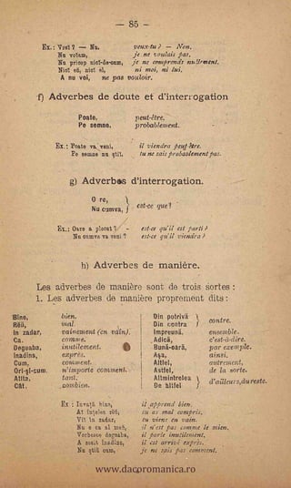 85

            Ex.: Vrot ?    Nu,          veux-tu        Non.
                 Nu voIam,              je .ne soulais pas.
                 Nu primp nid-de-onm, je ne camprends nylleinent.
                 Niol    rile el,        ni moi, ni lui.
                  A nu voi,    ne pas vouloir.

        1) Adverbes de doute et- d'interrogation
                         Poate,                  peut-étre.
                         Pe semne,               probableinent.

                Ex.: ?oats va veni,               il viendra peul-Ptre.
                     Pe semne nu qtil,            tu ne sais p;obablement pas.


                    g) Adverbec d'interrogation.
                               Ore,             est-ce que?
                               Nu ournva,


                EL; Om a plecat                   est-ce qu'il est parti
                     Nu mum va vent               est-ce Dill viendra


                                Adverbes de manière.

        Les adverbes de manière saint., de trois Sortes :
        1. Les adverbes de manière proprement dits:

Bine,            bien.                                Din putriva
                                                      Din contra      1
                                                                           centre:
In zadar,        vainenient (en yam).                  Impreuna,           ensemble.
Ca.              &mime,                                Adia,               c'est-a-dire.
Oegoaba,         inutilernent,                         Buda-oarä,          par exemple.
Inadins,         expres.                               Asa,                ainsi.
Cum,             comnient.                             Attie!,             autrement,
Ori-si-cum,      n'importe comment,                    Astfel,             de la sort&
Attta,           tant:                                 Altmintrelea
                                                                           d'ailleurs,du reste.
Cat,             combien.                              De altfel

                 Ex : InvatA bins;                 il .apprend bien.
                         luleles eat:,             iu as mal conzpris.
                         Vi' In zadar,             tu view- en vain. -
                         Nu o at al in&l,          il n' est pas conque le mien.
                         Vorbene degeaba,          il parle inutilement.
                         A sosit inadins,          il est arrivé exprès.


                                 www.dacoromanica.ro
                         Nu   still   cum,        je ne sais pa s conment.
 